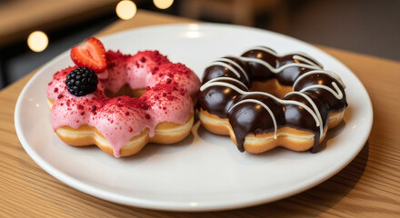 Artisan Mochi Donuts: One Pink Berry-Crumb Topped and One Dark Chocolate Glazed, Served Together on a White Plate for Dessert