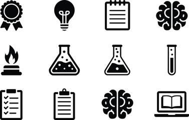 Science and Education Icons Set With Brain Lightbulb and Flask