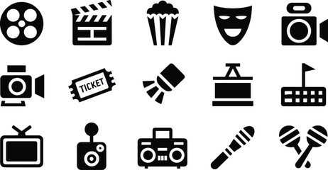Set of cinema and entertainment icons in black silhouette style