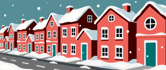 Charming winter street lined with cozy snow-covered houses