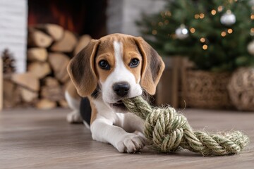 Beagle puppy playing with rope toy in cozy Christmas setting