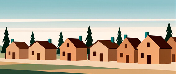 Colorful small houses under a serene sky with tall trees