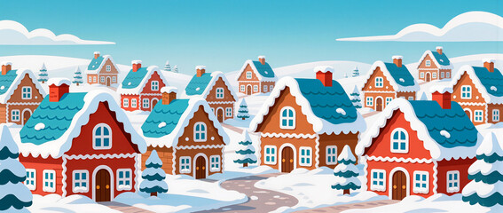 Colorful winter village with snowy rooftops under a blue sky