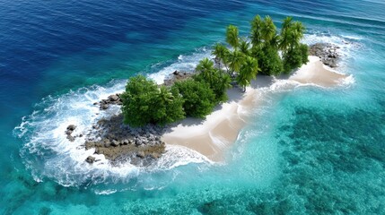 Tropical Island Paradise Azure Ocean Waves Lush Green Trees Sandy Beach Aerial View Sunlight Sparkle
