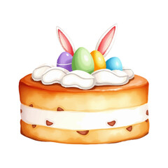 Hand painted watercolor Easter cake with white icing, decorated with rabbit ears and colorful eggs on top, soft warm colors, isolated on white background, vector illustration for holiday design.