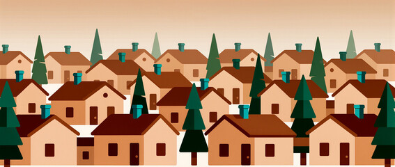 Colorful village nestled among tall trees and hills