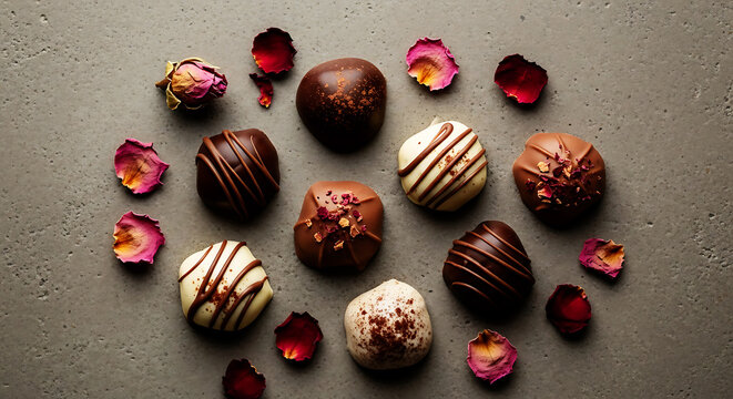 Artistic arrangement of assorted gourmet chocolates and dried rose petals