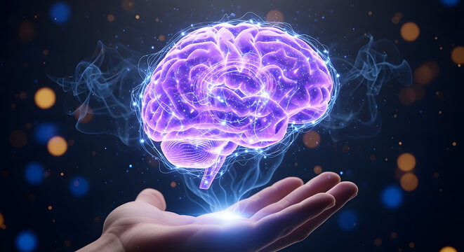 Human hand holding a glowing brain hologram, representing artificial intelligence and future technology