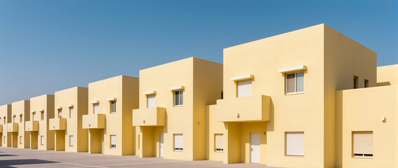 Modern yellow houses in a clear blue sky environment