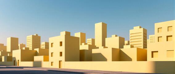 Urban landscape of minimalistic yellow buildings under clear sky