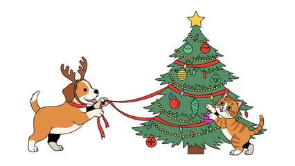 Festive Friends Adorning the Season: A playful dog and a curious cat collaborate to decorate a Christmas tree, filled with festive cheer and merriment for the holidays. 