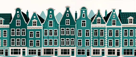 Colorful Dutch houses line the street in a charming neighborhood scene
