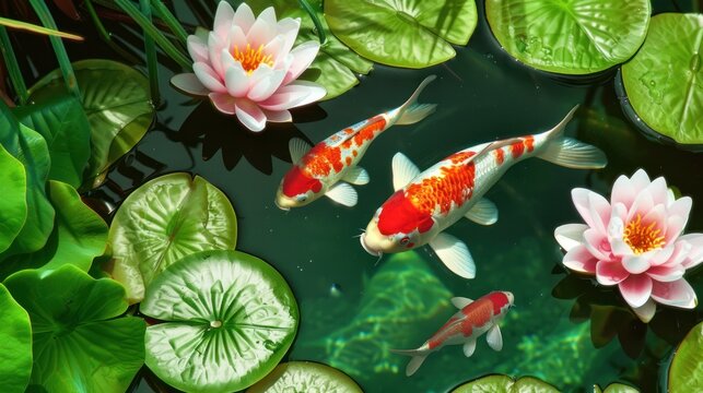 Colorful Koi Fish Swimming Among Green Water Lilies and Pink Lotus Flowers in Pond - Powered by Adobe
