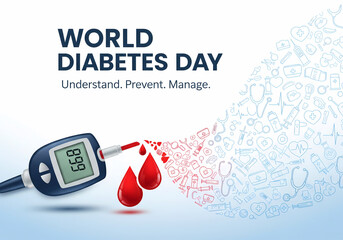 World diabetes day illustration with glucose meter and blood drops on white background