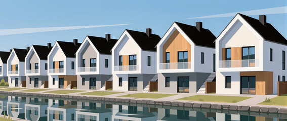 Modern houses along a tranquil canal in a sunny neighborhood
