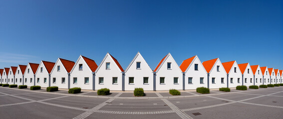 Modern architecture showcases charming white houses and blue skies