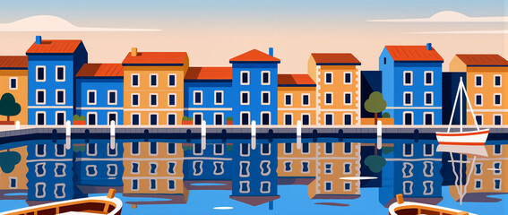 Charming coastal village with colorful houses by the serene water