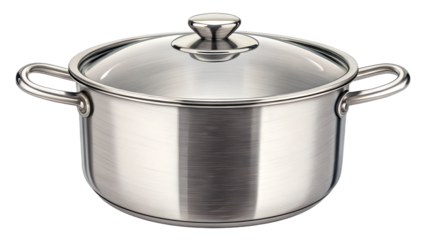 Large kitchen pot with handles, isolated on transparent background, polished metallic texture.