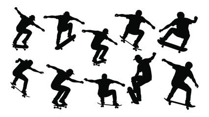 Skateboarders silhouettes collection isolated on white background, Vector