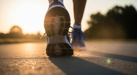 Active person's feet in running shoes on a road at golden hour, symbolizing fitness, health, and a journey forward.