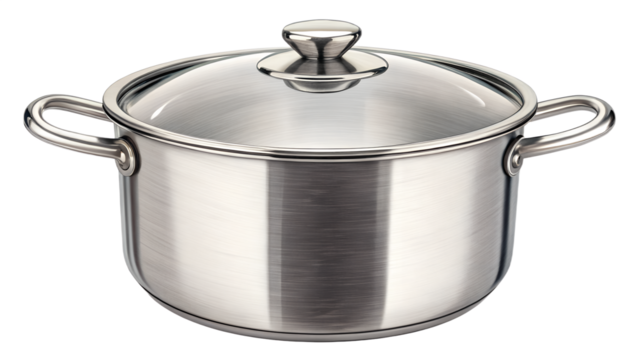 Large kitchen pot with handles, isolated on transparent background, polished metallic texture.