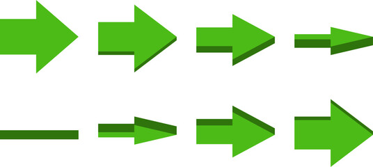 3D Style Sprite Sheet Set of Rotating Green Arrow Pointing Right Button Sign Icon Symbol for 2D Game or App Animation. Vector Image.