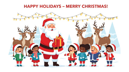 Joyful Christmas Gathering: A festive scene where santa claus with joyful kids and reindeers stand together as they celebrate Christmas and share the Christmas present 