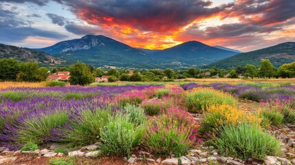 Colorful Lavender Field Under Vibrant Sunset Sky with Mountains and Green Trees
