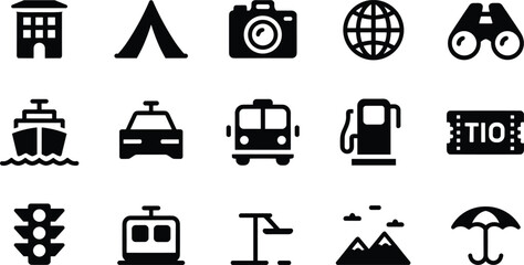 Travel and Transportation Icons Including Buildings and Nature Elements tent camera
