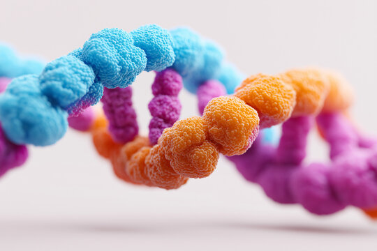 A colorful, abstract representation of a DNA double helix, showcasing vibrant spheres in blue, orange, purple, and pink, symbolizing genetic structures.