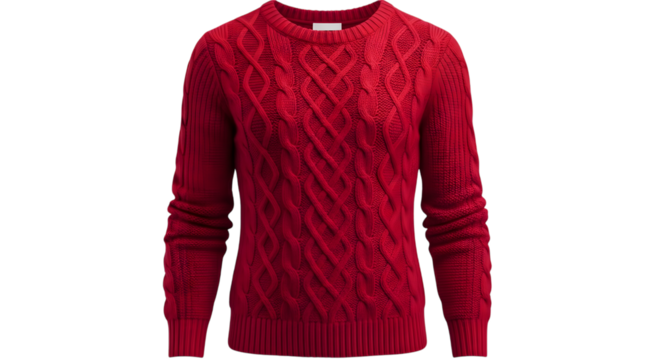 Sweater, red cable knit pullover isolated on transparent background