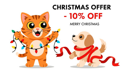 Holiday Festive Friends: Playful kitten and puppy sharing a Christmas garland on holiday season. An illustration for the holiday period with festive offer.