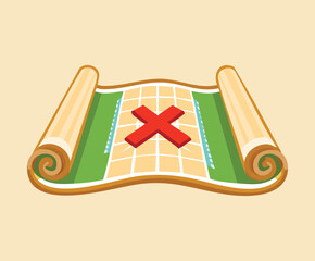 Simple Outlined Treasure Map Scroll with Minimalist Features and a Bold Red X Mark Highlighting the Final Destination