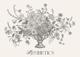 Naklejka premium Elegant black-and-white botanical illustration of a lush floral bouquet in a classical urn. Detailed vintage-style drawing with delicate flowers and foliage. Aesthetic designs.