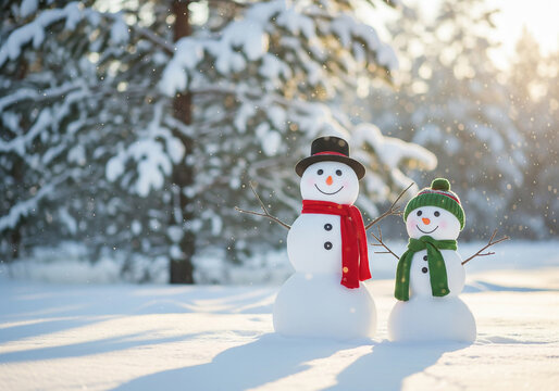 Two cheerful snowmen wearing a top hat scarves and hats stand outside in a sunlit snow covered winter forest or park landscape.