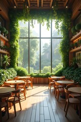 AI Generative. High-End Biophilic Restaurant or Café Interior with Floor-to-Ceiling Windows and Lush Greenery. 3
