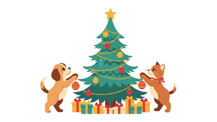 Joyful Holiday Scene: Two adorable pets, a dog and a cat, collaborate to decorate a festive Christmas tree, surrounded by wrapped gifts, embodying the spirit of the season.