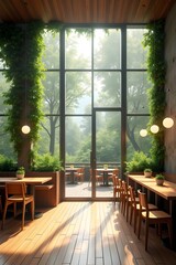 AI Generative. High-End Biophilic Restaurant or Café Interior with Floor-to-Ceiling Windows and Lush Greenery. 10