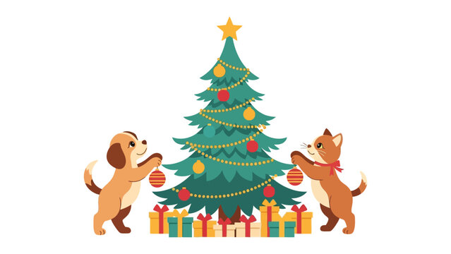 Joyful Holiday Scene: Two adorable pets, a dog and a cat, collaborate to decorate a festive Christmas tree, surrounded by wrapped gifts, embodying the spirit of the season.