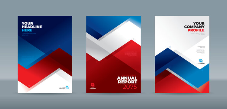 Powerful cover template design with a modern, abstract zig-zag geometric pattern in bold red, blue, and white. A4 size book cover template for annual report, magazine, booklet, proposal, portfolio