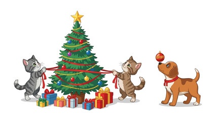 Festive Feline and Canine: Two playful kittens and a puppy share Christmas tree decorating moment. Capturing the spirit of unity and playful in the Holiday Season.