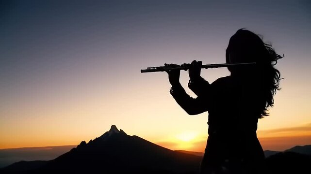 Silhouette playing flute at sunset mountains.