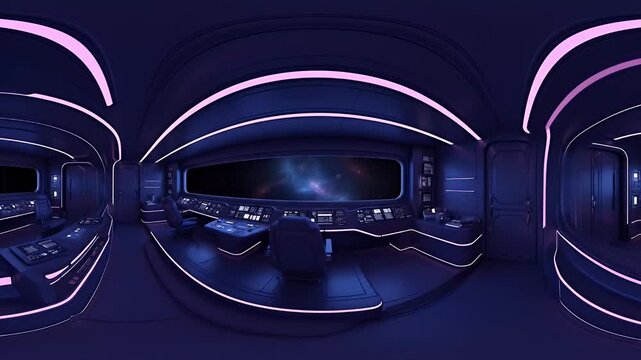 360 Degree View of Spaceship Interior with Control Panel and Glowing Neon Lights Space Travel Theme and Dark Background, Futuristic Design