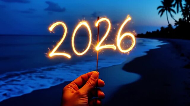 Hand holding sparkler writing 2026 on a beach at dusk, with waves gently lapping the shore, capturing the festive atmosphere and joyful celebration