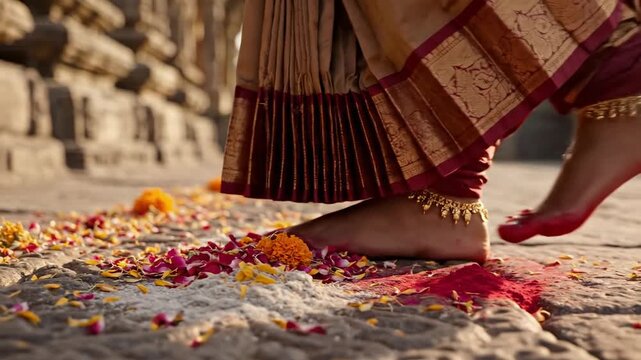 Devotee s Foot Adorned for Thaipusam Festival, Walking on Petals and Powder in Temple Setting