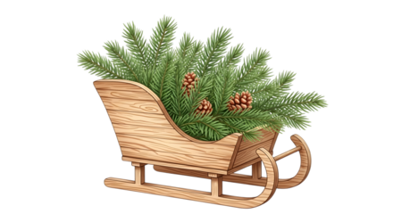 Sleigh with fir branches and pinecones isolated on transparent background