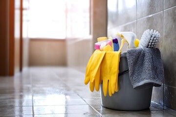 Cleaning supplies bucket with gloves and brush on floor