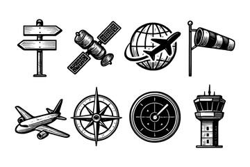 Vintage aviation and navigation icons: compass, airplane, globe, satellite, windsock, control tower