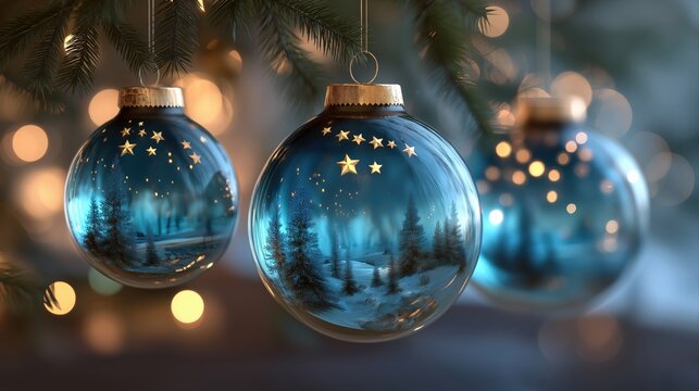 Festive Christmas illustration of blue glass balls with reflections of christmas trees , wintery scenes