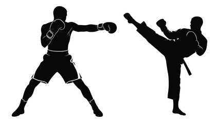 Martial arts and boxing silhouettes isolated on white background, Vector